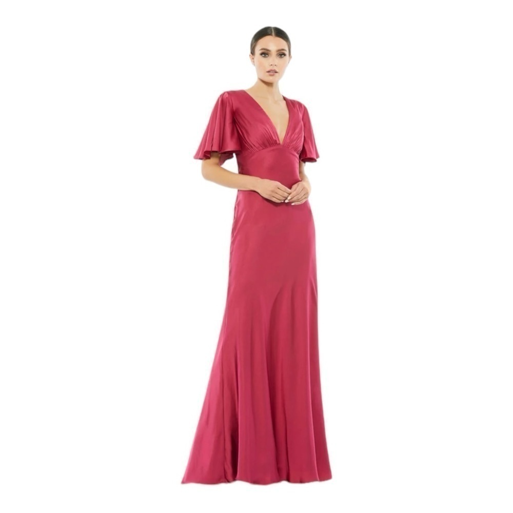 Mac Duggal Flounce Sleeve V-Neck Trumpet Gown in Raspberry NWOT